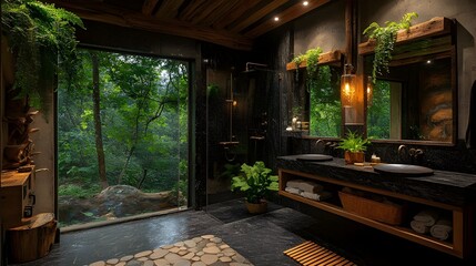 Fototapeta premium luxury bathroom interior design with bathtub, Modern, Elegance, Stylish dark themed Bathroom Design with Dark Aesthetic, architecture design, real estate housing project design