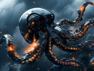 A futuristic octopus with glowing features against a dramatic background.