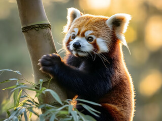 A cute red panda climbing a bamboo tree in a serene forest setting, capturing a moment of playful wildlife.