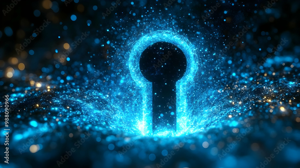 Wall mural a glowing keyhole surrounded by shimmering blue particles on a dark background.