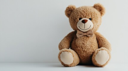 Obraz premium A cute teddy bear with a bow tie sits against a plain background, evoking warmth and comfort.