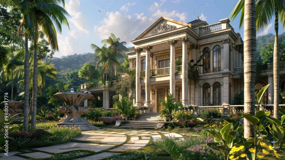 Wall mural luxury villa with lush garden