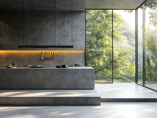 Modern kitchen design with large windows overlooking nature and minimalist decor.