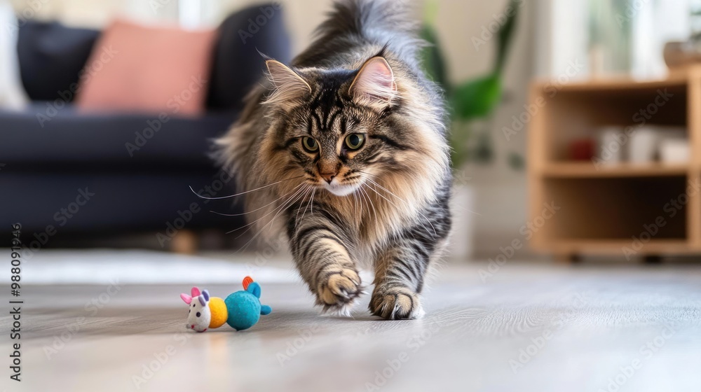 Sticker A playful cat approaches a colorful toy in a cozy living room setting.