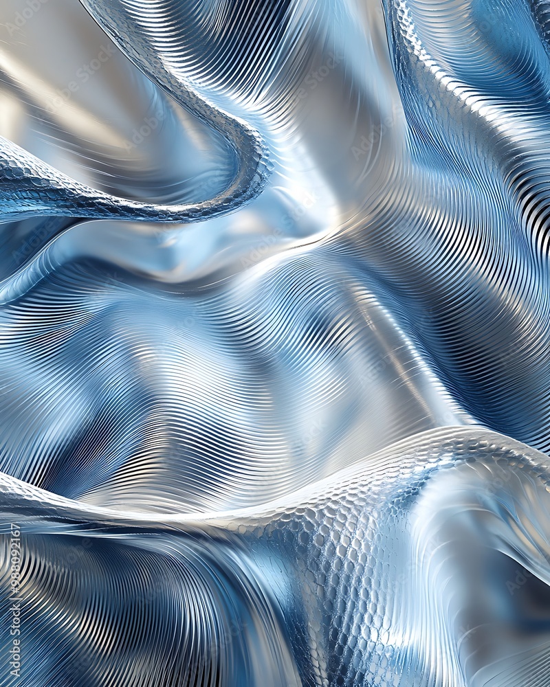 Poster abstract metallic wave pattern with smooth flowing textures in silver and blue, featuring fine rippl
