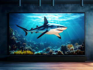 A realistic shark swimming gracefully in a vibrant underwater scene, showcasing ocean life and coral reefs.