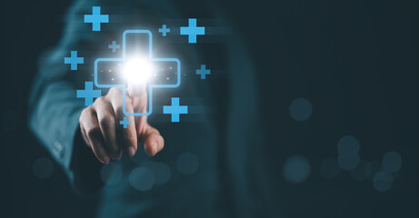 Businesswoman touching on virtual blue plus sign for positive thinking mindset or healthcare insurance symbol concept, Mental health care, mental rejuvenation.