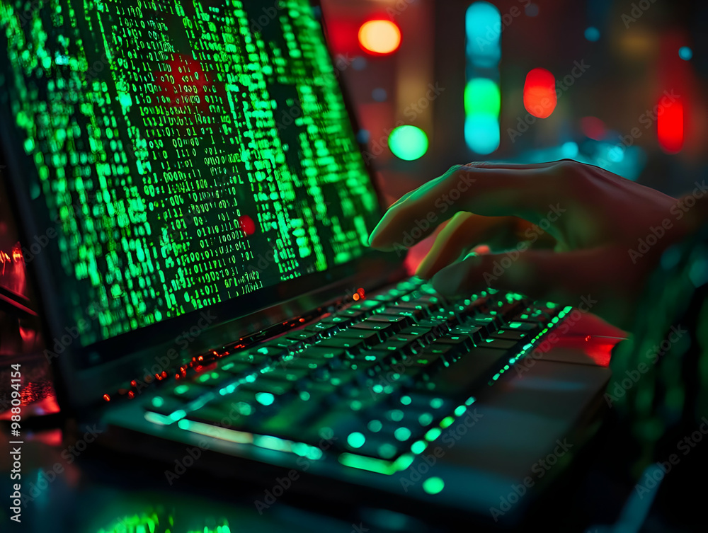 Poster hands typing on a laptop with green code on the screen in a dark environment illuminated by colorful