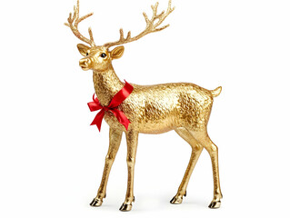 Golden reindeer figurine with antlers, adorned with a red ribbon, isolated on a white background.