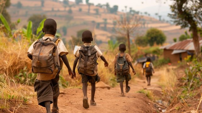 equality education volunteer service concept picture of poor African students walking along dirt path to school at Africa