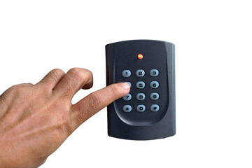 Close up the hand is pressing the number four button on the keypad and the yellow led light on, png file, transparent background.