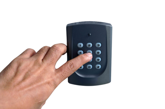 Close up the hand is pressing the number five button on the keypad, png file, transparent background.