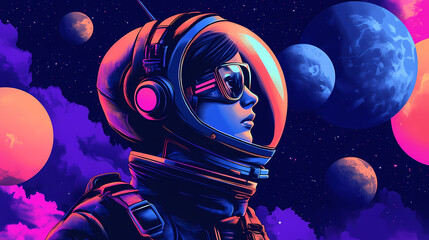 Fototapeta premium Girl astronaut on the background of the planets, generative ai. Cyborg Army. Illustration