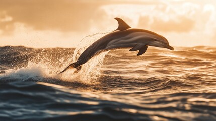 Fototapeta premium A dolphin leaps gracefully above ocean waves at sunset, showcasing its agility and beauty.