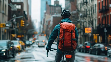 A person commuting to work by bicycle in a bustling city, integrating health into an urban lifestyle