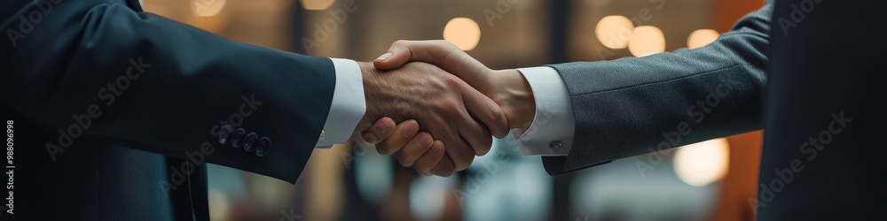 Wall mural business handshake symbolizes partnership and agreement, showcasing two professionals in suits conne