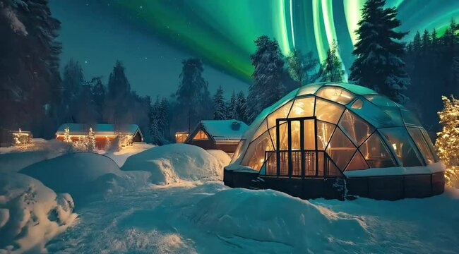 Vibrant Northern Lights over glass igloo