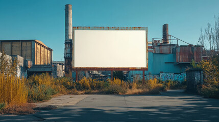 Obraz premium An empty billboard stands in an abandoned industrial area, surrounded by overgrown grass and remnants of old buildings. scene evokes sense of nostalgia and decay