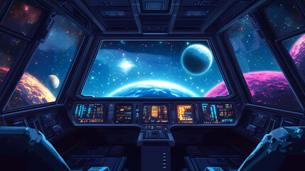 Features a spaceship cabin with a view of the universe and faraway planets. generative ai. Starship. Illustration