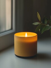 A single, yellow candle burns brightly, casting a warm glow and creating a peaceful ambiance. The minimalist design of the candle and the soft light evoke feelings of relaxation, comfort, and tranquil