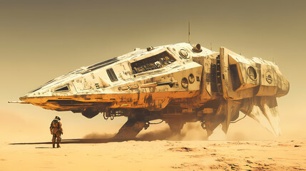 Futuristic spacecraft in the desert. Manticore. Illustration