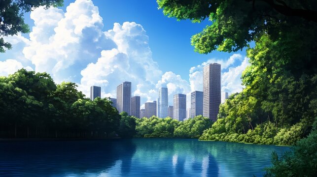 A captivating watercolor cityscape showcasing modern buildings reflected in a tranquil lake, framed by lush greenery and a bright blue sky with fluffy clouds. It symbolizes urban harmony, nature's bea