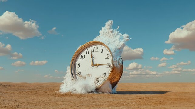 A surreal image of a giant clock melting in a desert, symbolizing the passage of time, the fragility of life, the power of nature, the erosion of structure, and the inevitability of change.