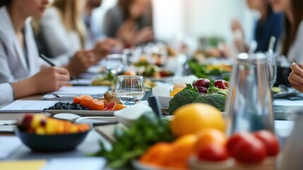 A wellness seminar as part of a preventive healthcare initiative, with professionals discussing nutrition, stress management, and preventive measures.