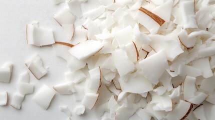 Closeup of White Coconut Flakes, a natural, healthy, and versatile ingredient for baking, cooking, and snacking. The flakes are light and airy, with a sweet, nutty flavor.