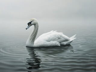 Fototapeta premium Elegant Swan in Foggy Lake - Wildlife Photography