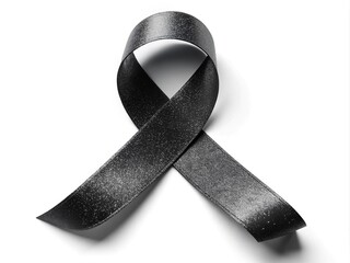 A black ribbon with subtle sparkle on a crisp white background represents solidarity and support for a vital cause.