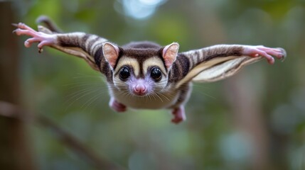 Fototapeta premium A sugar glider gliding through the air with outstretched limbs in a forest setting.
