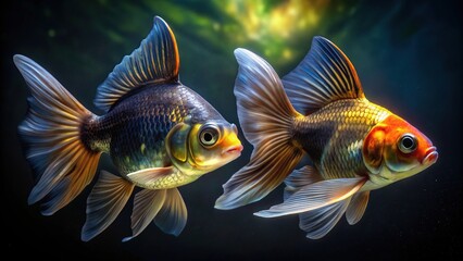 Fototapeta premium * Two fish swim together, one with a golden belly and dark back, the other with a dark belly and golden back, creating an optical illusion.