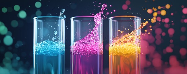 Vivid splashes of colored liquid in glass tubes create a dynamic, energetic composition against a bokeh background.