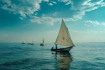 Fototapeta premium Fishing boat in the sea at sunset. watercolor background