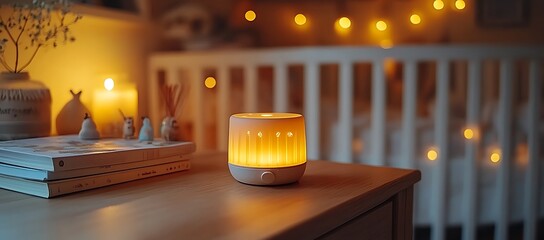 Illuminated Nightlight on a Wooden Tabletop with a Blurred Crib in the Background