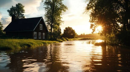 Obraz premium A peaceful countryside scene with a quaint cottage nestled by a calm river, bathed in the golden light of a setting sun, symbolizing tranquility, nature's beauty, home, serenity, and the passage of ti