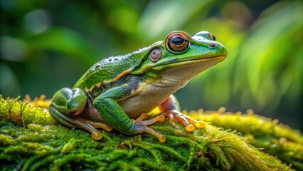 Fototapeta premium A close-up shot of a vibrant mossy green frog sits delicately on a lush leaf, its speckled skin glistening with dew and morning sunlight.