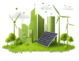 Green city, energy photograph vector icon of eco-friendly buildings with wind turbines and solar panels in the sky on a white background for the environment protection concept.