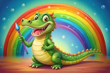 Naklejka premium A colorful, playful illustration of an alligator wearing a cheerful smile, holding a paintbrush and standing in front of a vibrant rainbow-colored artistic background.