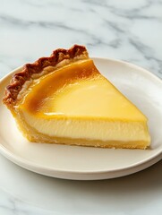 A slice of golden-brown custard tart, with a smooth, glossy filling, sits on a white plate against a marble background. The tart is a classic dessert perfect for any occasion.