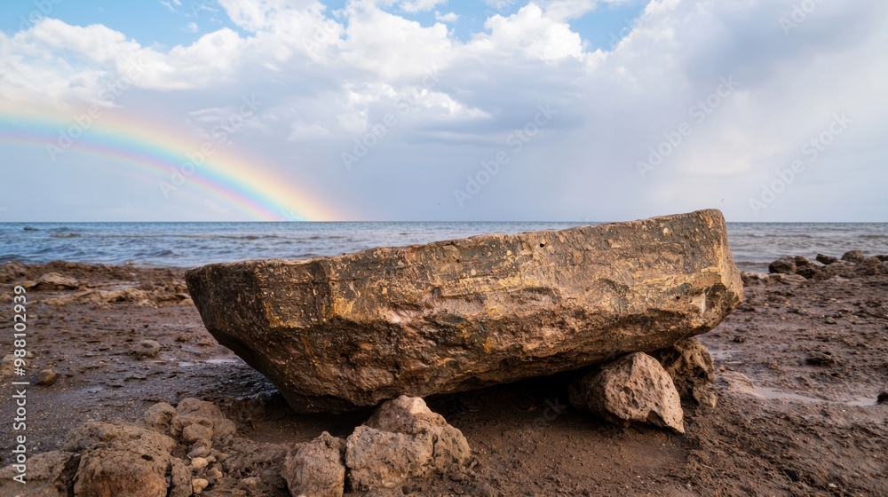 Wall mural vibrant rainbow over rocky coastline