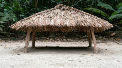 Thatched roof shelter in tropical jungle