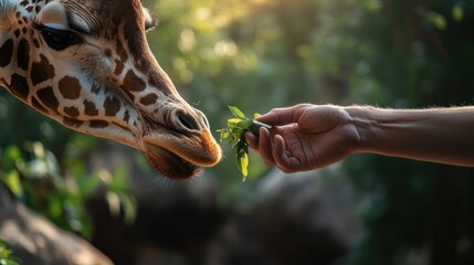 A person feeding a giraffe leaves in a lush, green environment.