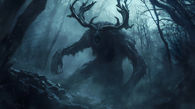 Horned giant wendigo monster creature in dark spooky forest. Wendigo. Illustration