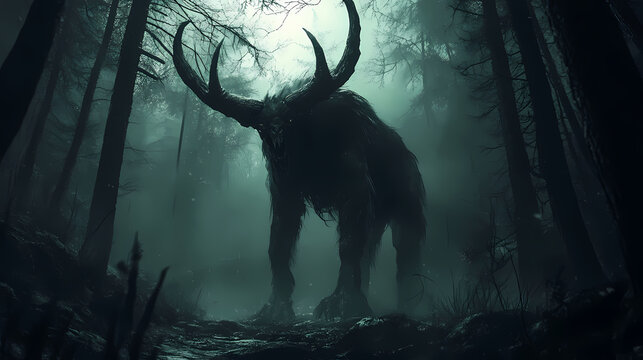 Horned giant wendigo monster creature in dark spooky forest. Wendigo. Illustration