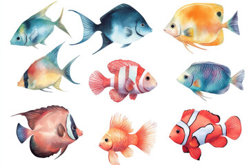 Fototapeta premium A Variety of Tropical Fish in Assorted Sizes Minimalist and Colorful Marine Life