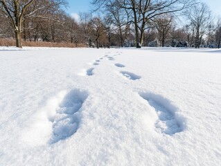 Fototapeta premium Snowy winter landscape with footprints in the snow