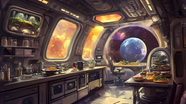 Illustrate a cosmic kitchen spaceship bustling with alien chefs in intergalactic culinary creations. Starship. Illustration