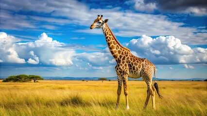 Obraz premium A giraffe with a soft coat and long neck stretches out to gaze upon the serene savannah, bathed in bright blue African sky.